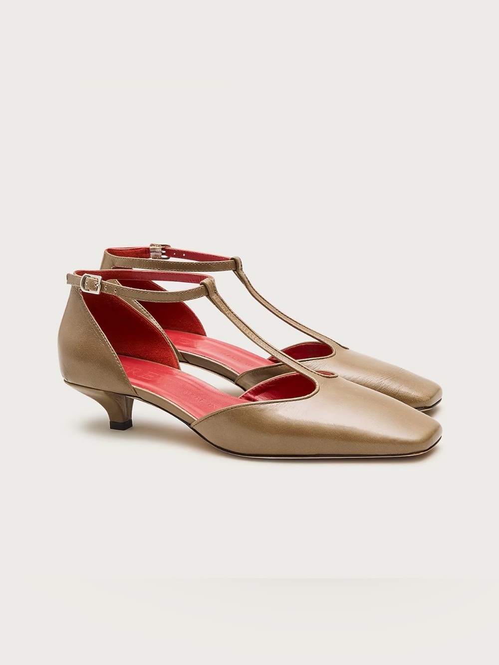 J. Crew Taupe T-Strap Kitten Heel with Red Lining in leather.9.5.New